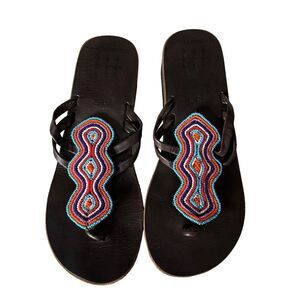 Global Girls Womens Size 37 US 7 Beaded Leather Sandals‎ Tribal Wedge Shoes